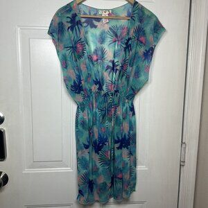 OP Swimsuit Coverup Drawstring Waist Tropical Teal and Pink Design in Size Large